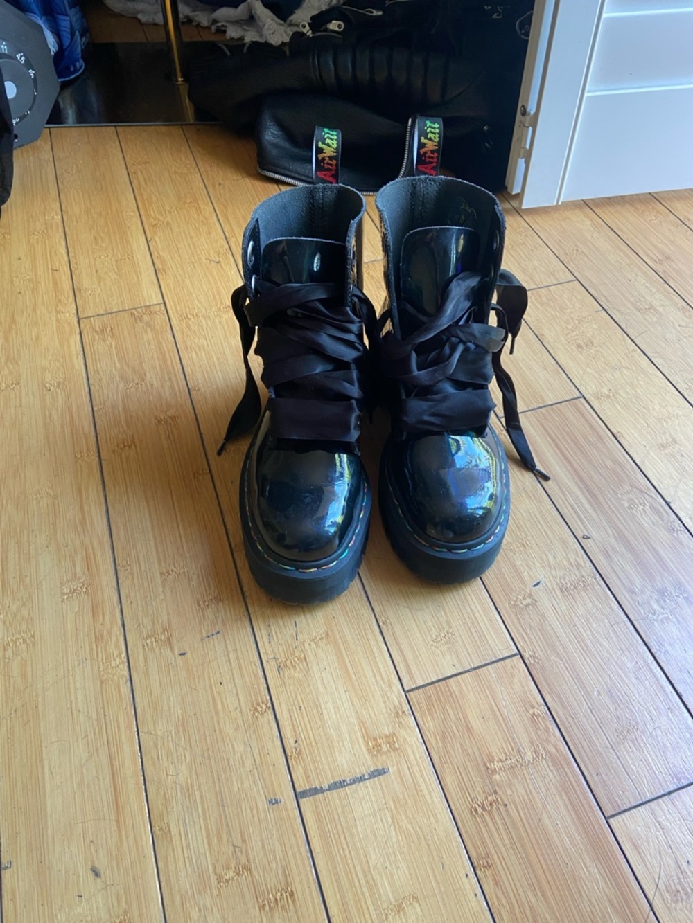 Doc martens Black Patent Platform Combat Boots with Satin Laces